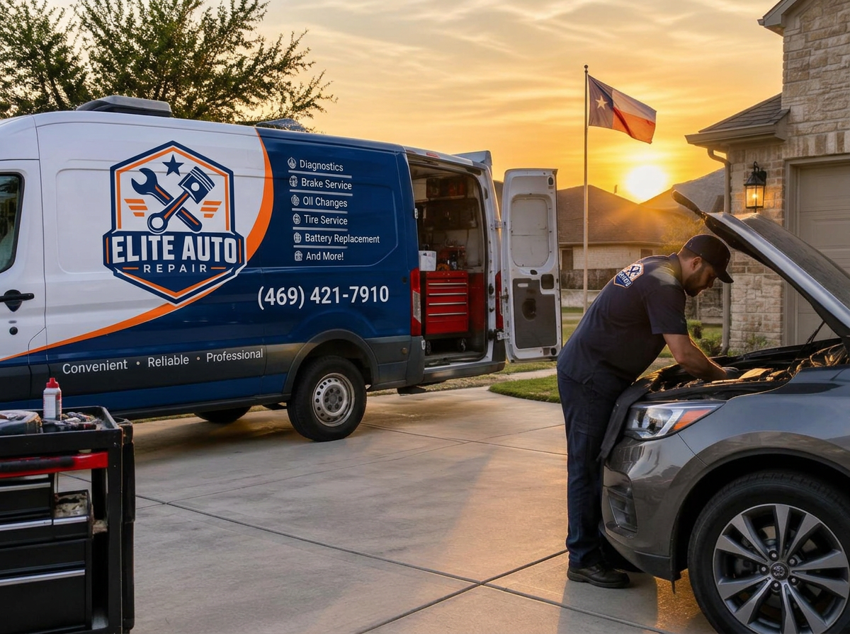 Mobile mechanic repairing a car in a Texas driveway at sunset